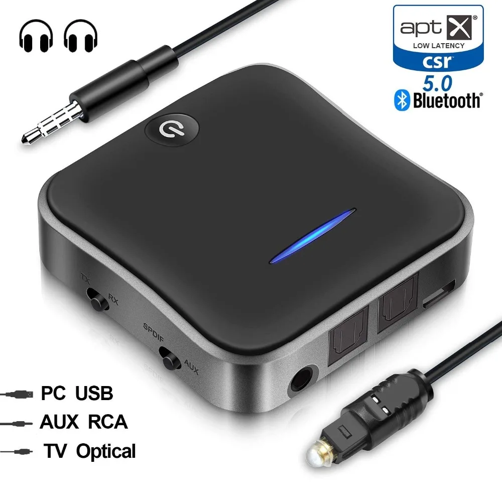 Bluetooth 5,0 передатчик приемник Беспроводной aptX HD низкая латентность аудио 3,5 мм Aux/RCA & оптический адаптер для ТВ/выход для наушников/автомобиля, 2 пары