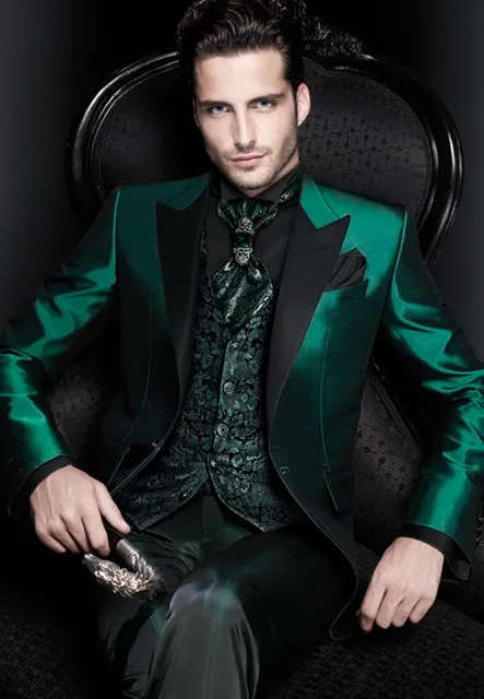 การออกแบบล่าสุดอิตาเลี่ยนสีเขียวชุดซาติน Slim Fit เจ้าบ่าวอย่างเป็นทางการชุดพรหม Tuxedo ชายเสื้อ3ช...