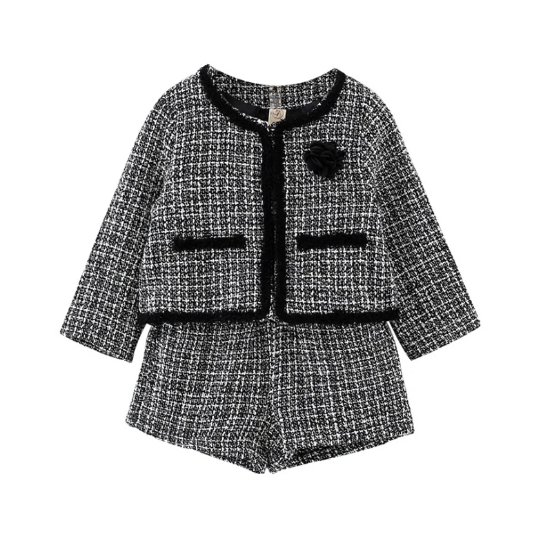 

Girl European Clothing 2 Piece Outfits 2021 2 3 4 5 6 Teenage Woolen Autumn Jacket + Pants Black Plaid Fashion Girls Clothes