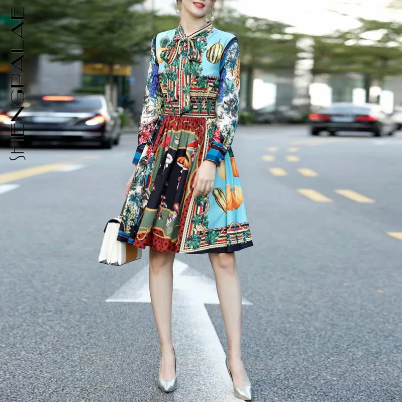 

SHENGPALAE Elegant Printed Derss Women's Summer 2021 New Bow Collar Loose Elastic Waist Long Sleeve Knee-length Dresses Female