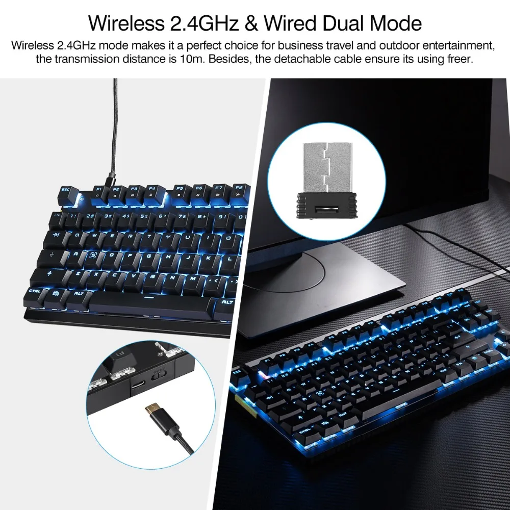 Motospeed GK82 type-C 2,4G Беспроводная/Проводная Механическая игровая клавиатура 87Key красный переключатель перезаряжаемый rgb подсветка для ПК ноутбука