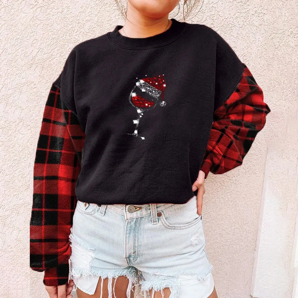 

Christmas Listing Women Fashion Lattice Sleeve Hoodie Casual Festival Cartoon Printing Long Sleeve Loose Pullover Round Neck Top