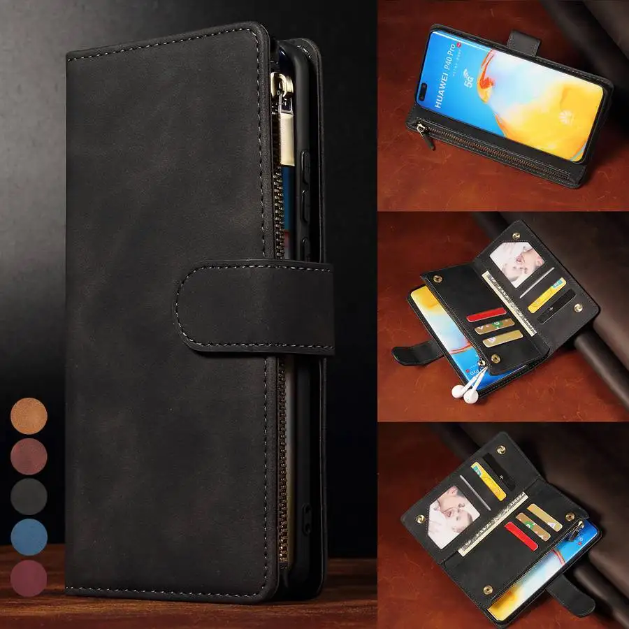 

For Huawei P40 Pro P40Lite E P30 Mate30 Zipper Wallet Case Flip Leather Card Slots Phone Bag For Honor 10i 20i 10 20 Lite 20Pro
