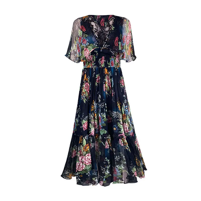 

Natural Mulberry Silk Dress 2021 New Summer French Retro Niche Lace Ruffle Silk Print Dress