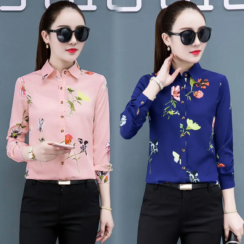 

Spring/Autumn Korean Fashion Chiffon Women Shirts Office Lady Turn-down Collar Long Sleeve Blouse Plus Size 5XL Ladies Tops