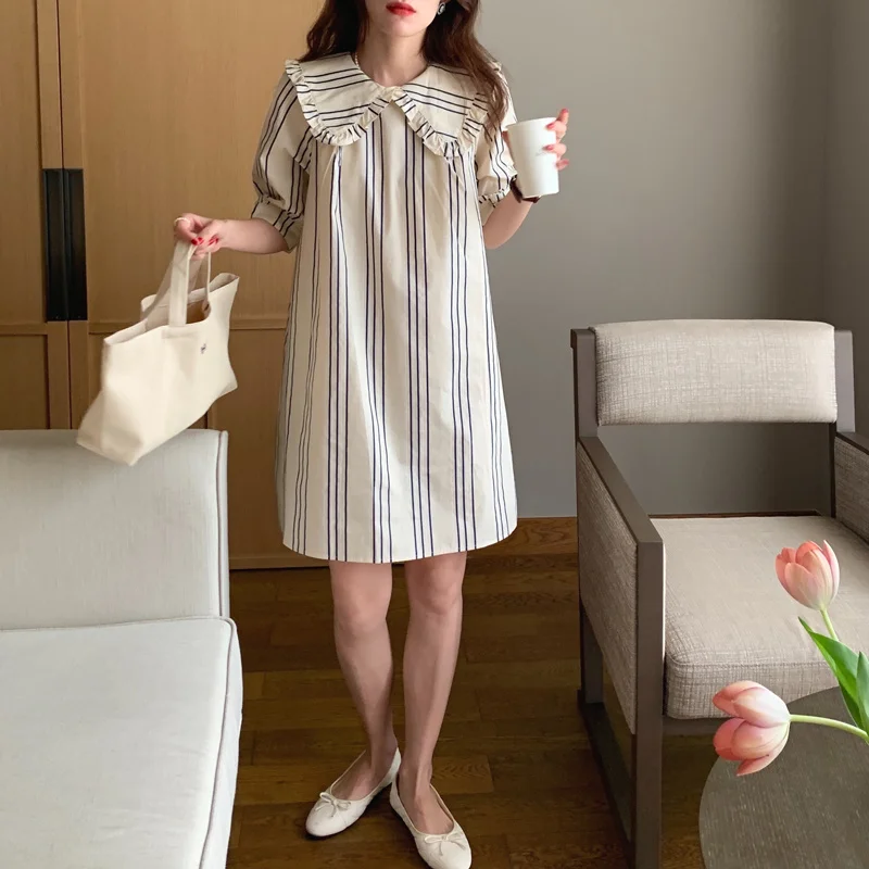 

Spot Goods ~ Cute Anti-Aging Doll Collar Vertical Pattern Shirt Korean Style Loose Slimming and All-Matching Short Sleeve Top