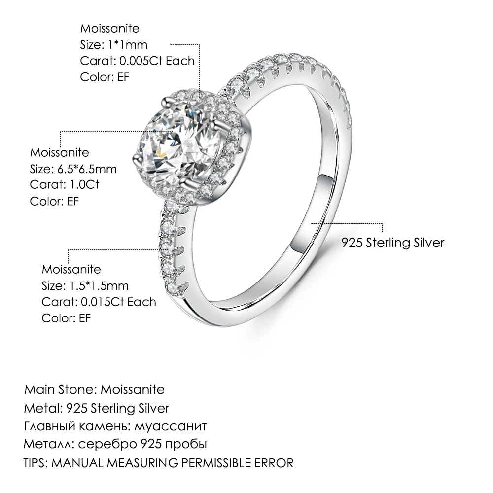 

GEM'S BALLET Promise Ring Round Moissanite 925 Sterling Silver Engagement Ring For Women 1.0Ct 6.5mm 3 Band Art Deco Halo Set