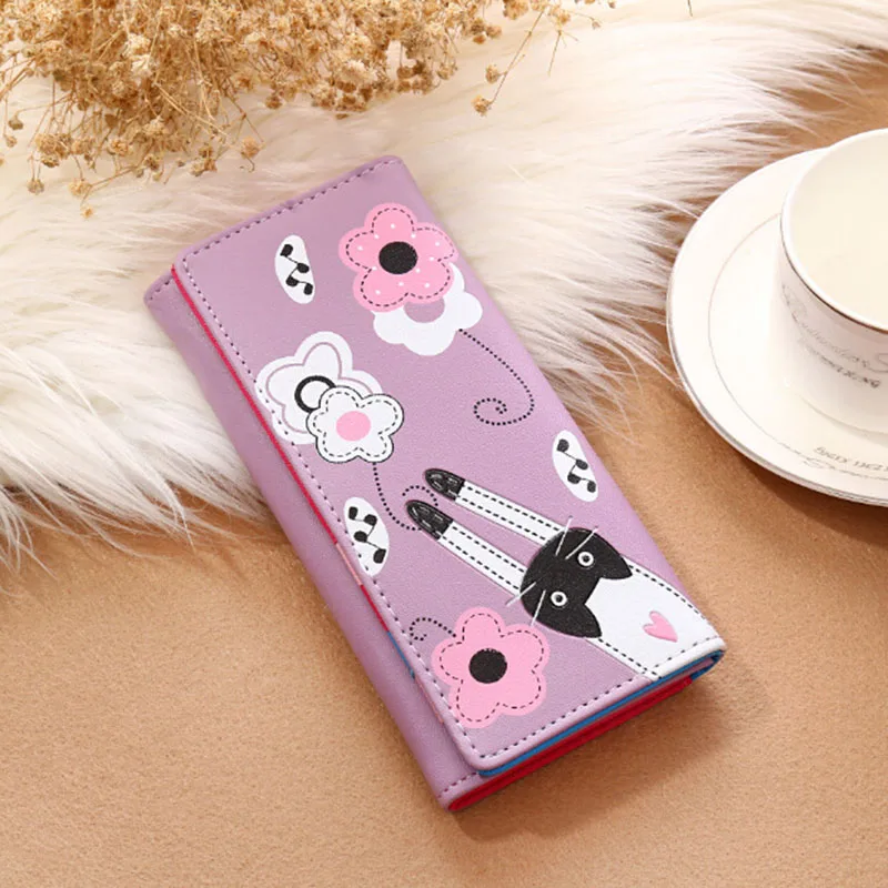 Purple Женский Длинный кошелек, корейский мультяшный Кот, милый женский длинный кошелек, 2 сложения, клатч, сумка, кредитный держатель для карт, женские сумки, дизайнерский кошелек - Цвет: Purple