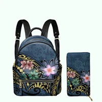 samoan hawaiian polynesian plumeria print luxury mini pu backpack wallet 2pcsset for women girls fashion small campus satchel