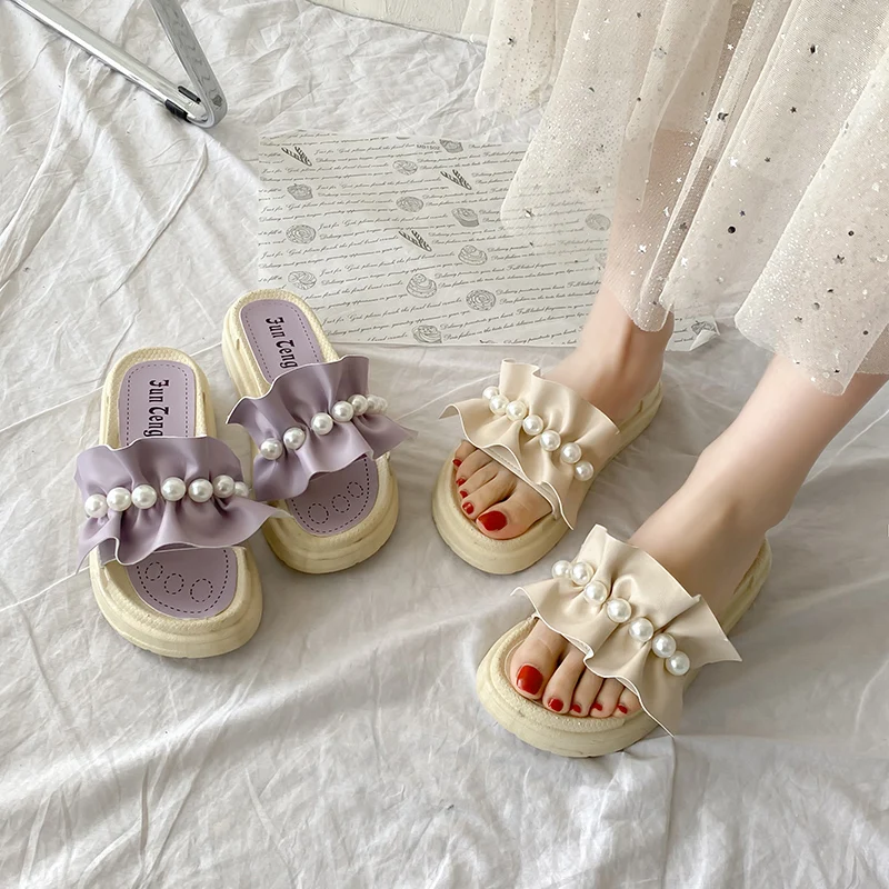 

Shoes Woman 2021 Female Slippers Flower Luxury Slides Low Platform New Soft Beach Designer Flat PU Basic Floral Rubber Fashion