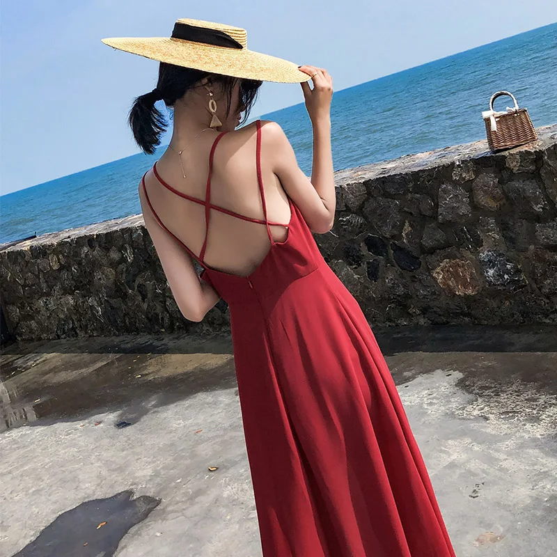 Женский красный Макси-сарафан с открытой спиной узкое Летнее Длинное пляжное