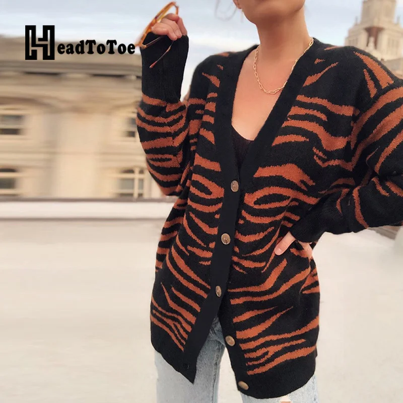 

Stripes Print Buttoned Loose Casual Cardigans Sweater Women Long Sleeve V Neck Fall Sweater Tops