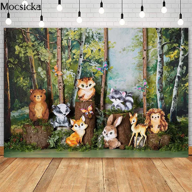 

Woodland Cuties Backdrop Children 1st Birthday Cake Smash Photo Props Studio Booth Background Jungle Safari Animal Photoshoot