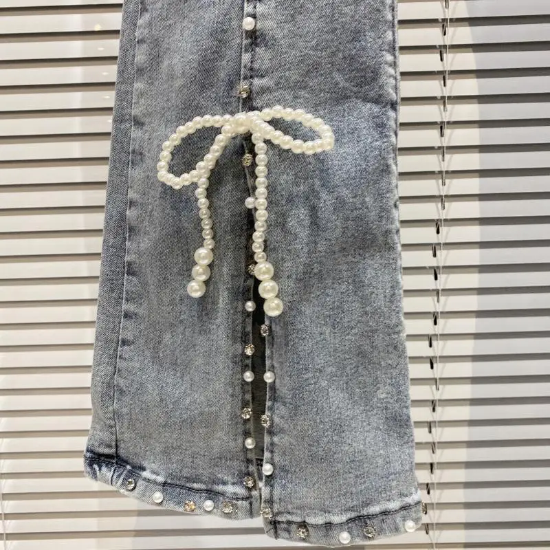 

Split Pearl Bow Women Jeans 2021 Summer New Micro Trumpet Jeans