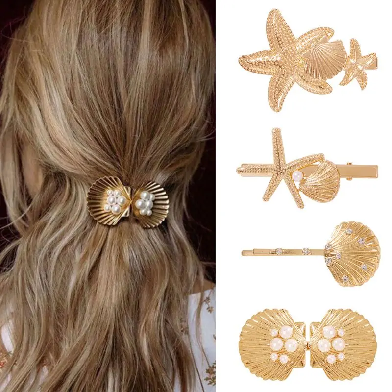 Marine Style Women Metallic Gold Duckbill Hair Clip Faux Pearl Rhinestone Starfish Shell Hairpin Beach Holiday Wedding Barrette