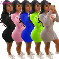 adogirl 2020 autumn solid bodycon dress for women fashion sexy front zipper v neck long sleeve sheath mini club party dresses
