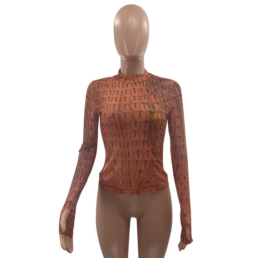 

Sexy Long Sleeve Shirt Women Tee Shirt Femme Solid O-neck Mesh Top Ropa Mujer