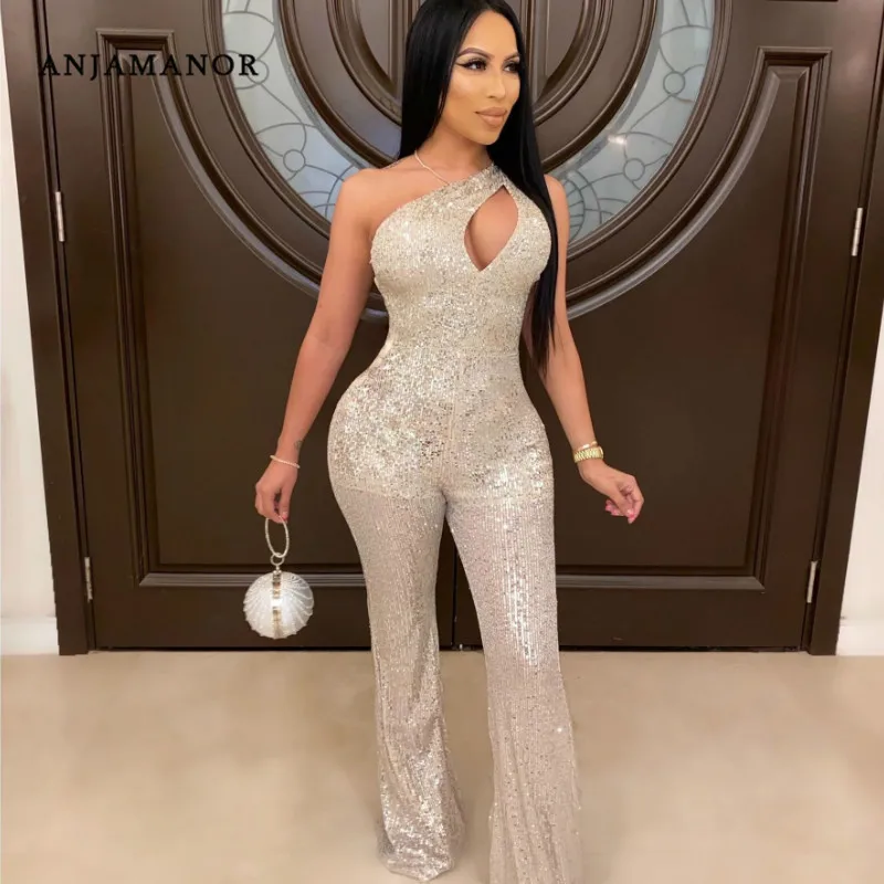 ANJAMANOR Блестящий Комбинезон с блестками для женщин сексуальный размера плюс