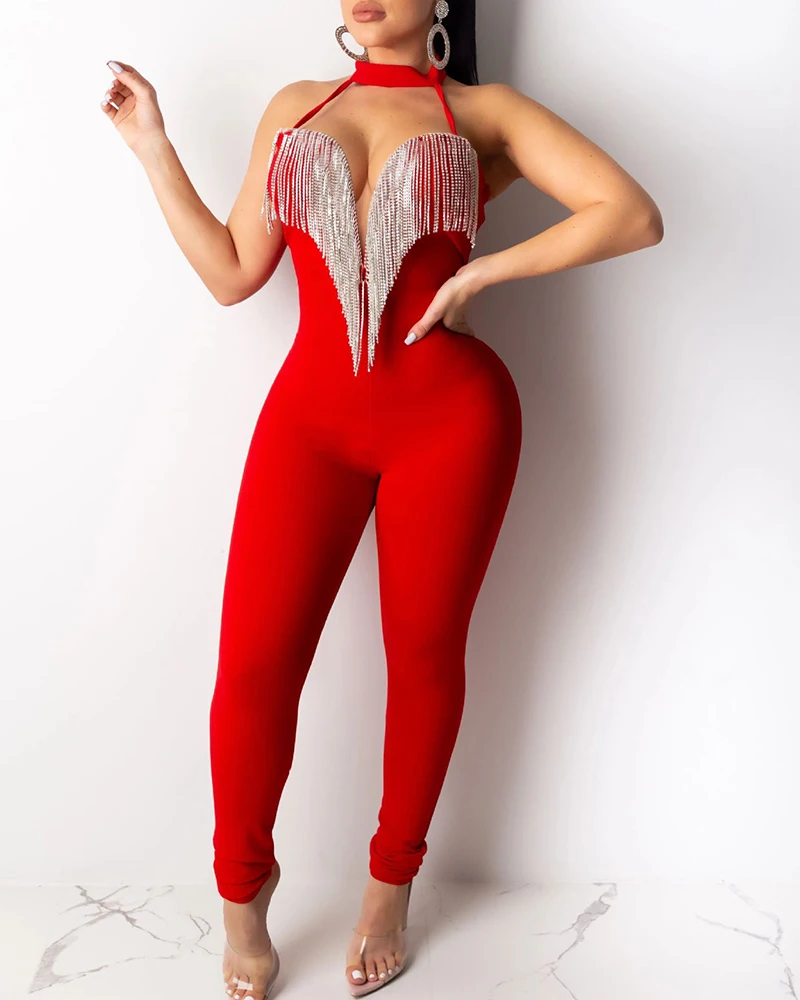 2020 Women Elegant Sexy Leisure Jumpsuit Female Stylish Club Party Romper Choker Sleeveless Tassel Design Jumpsuit