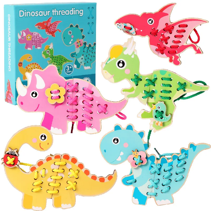 

5Pcs/Set Montessori Dinosaur Stringing Games Toys Wooden Puzzles Matching Board Game Educational Toys For Children Gifts