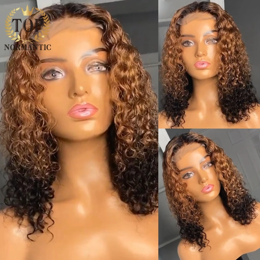 

Topnormantic Ombre Brown Color Deep Curly Bob Wig Preplucked T Part Lace Brazilian Remy Human Hair Wigs For Women