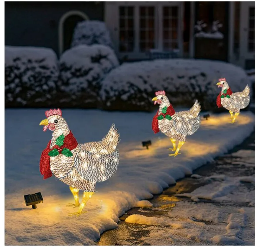

Courtyard Decoration Light-Up Chicken with Scarf Metal Chicken Sculpture Garden Lawn Corridor Christmas Atmosphere Decoration