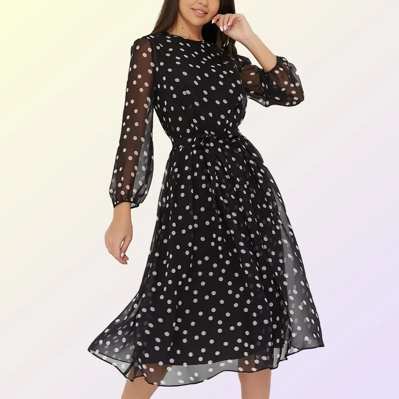 

Vintage Dot Printing Women's Chiffon Dresses 2020 Autumn Fashion Casual Crew Neck Long Sleeves Boho Beach Women A-line Vestidos