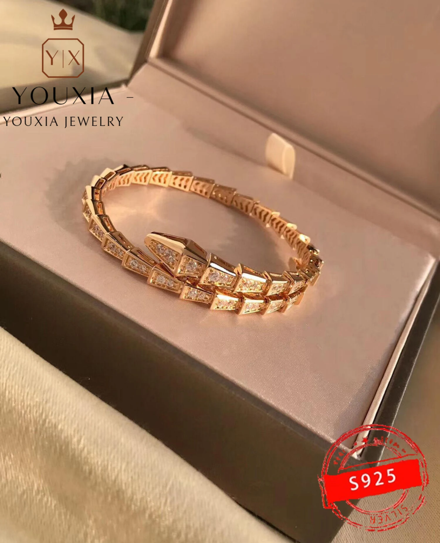 

1:1 925 Sterling Silver Custom Snake-shaped Full Diamond Opening Narrow Fashion Rose Gold Bracelet