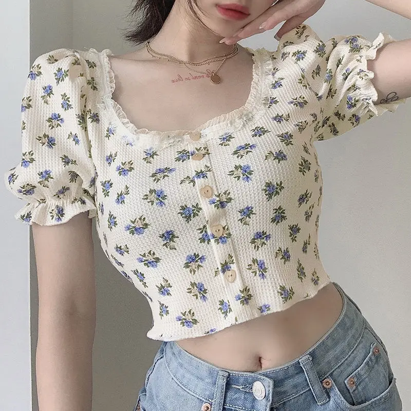 

Vintage Harajuku T-shirt Square Neck Puff Sleeve Small Floral Women Short Slim Pastoral Style Base Short Sleeve Crop Top