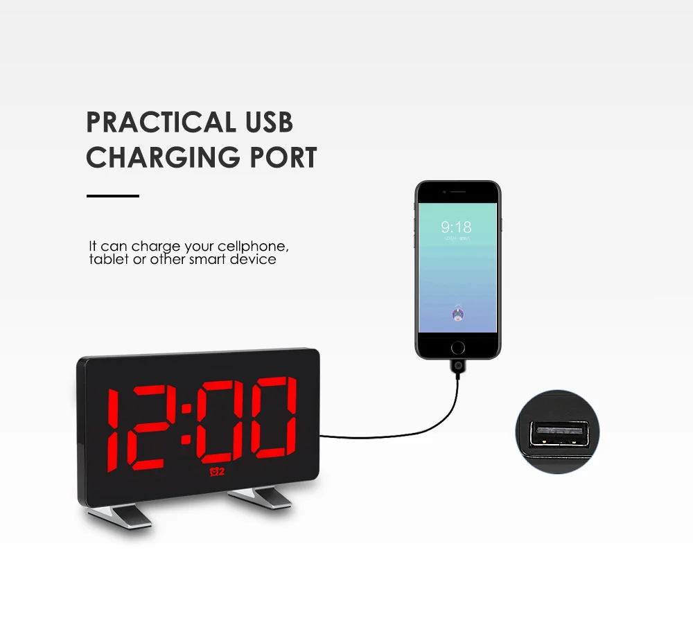Светодиодный Будильник с зарядным портом usb для спальни, кабинета, офиса, прямоугольные цифровые настольные часы