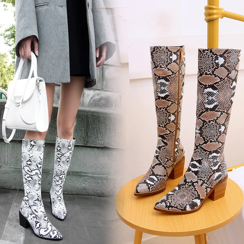 Женские высокие сапоги на молнии до колена из искусственной кожи толстом каблуке