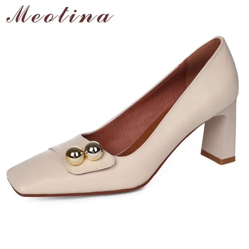

Meotina Women Pumps Genuine Leather High Heel Women Shoes Square Toe Metal Decoration Chunky Heels Footwear Slip On Lady Shoes