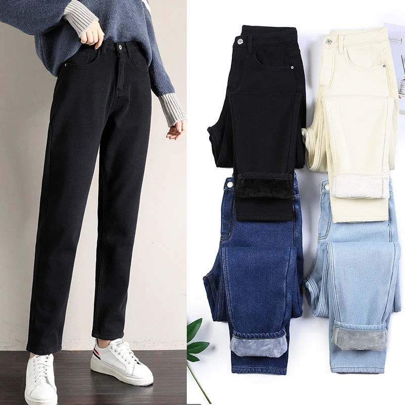 2019 зимние джинсы женские Джинсы бойфренда для женщин плюс размер синие черные