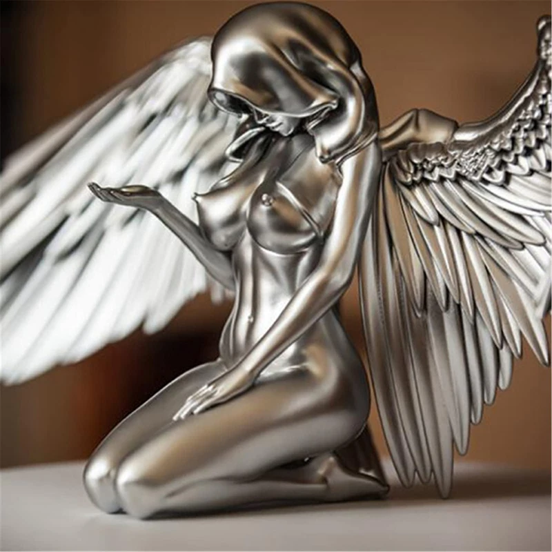 

Art Angel Female Wings Statue Woman Wings Kneeling Cloak Hat Sculpture Garden Fence Decor Angel Desktop Ornaments