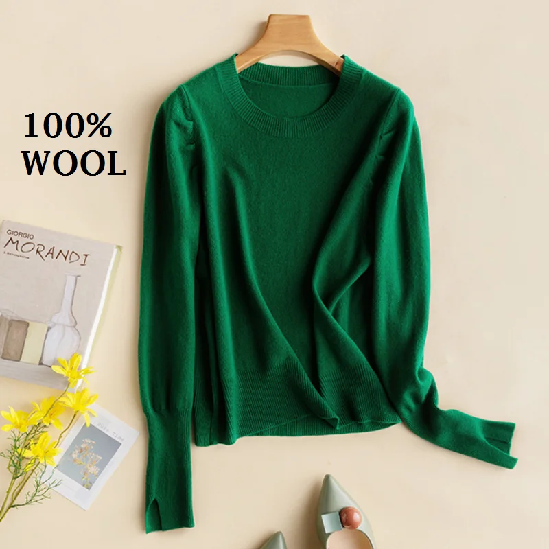 

dark green puff sleeve sweater plus size sweaters women clothing autumn 2021 korean top fashion tops for womens white knitted za