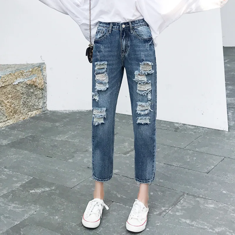 

2019 Autumn and Winter New Ripped Jeans for Women Streetwear Boyfriend High Waist Loose Trousers Harem Pants Plus Size