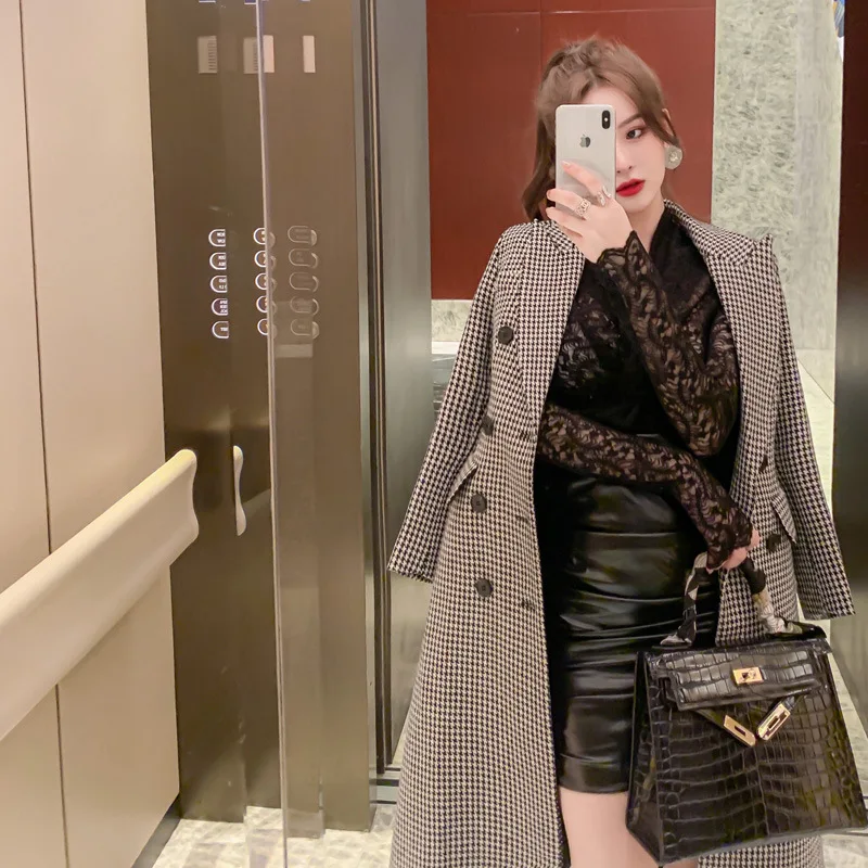 Женское двубортное шерстяное пальто в клетку модное длинное приталенное зимнее