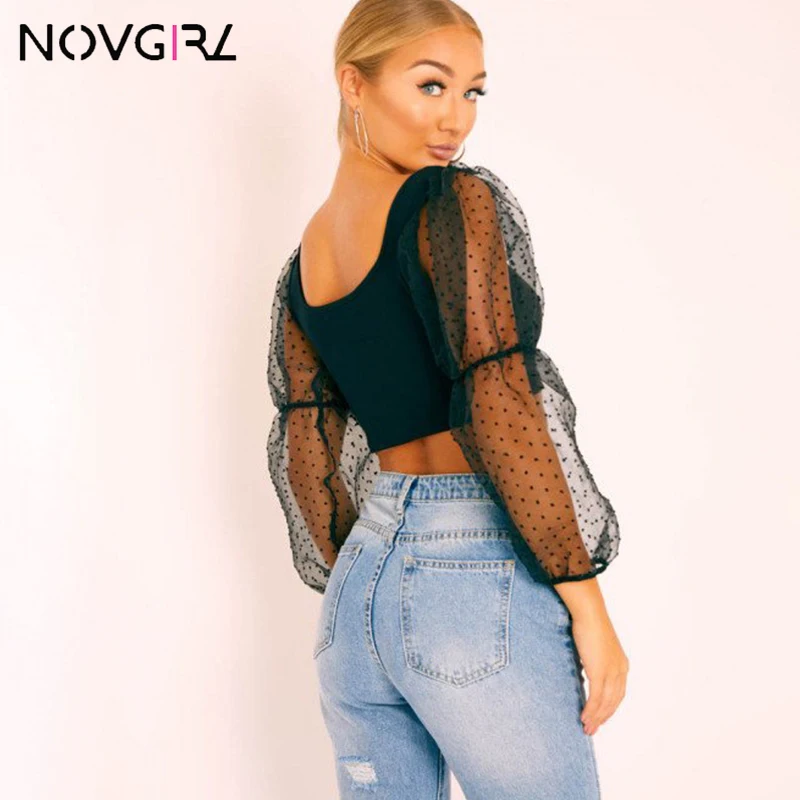Женский сетчатый топ с рукавами фонариками Novgirl прозрачный укороченный