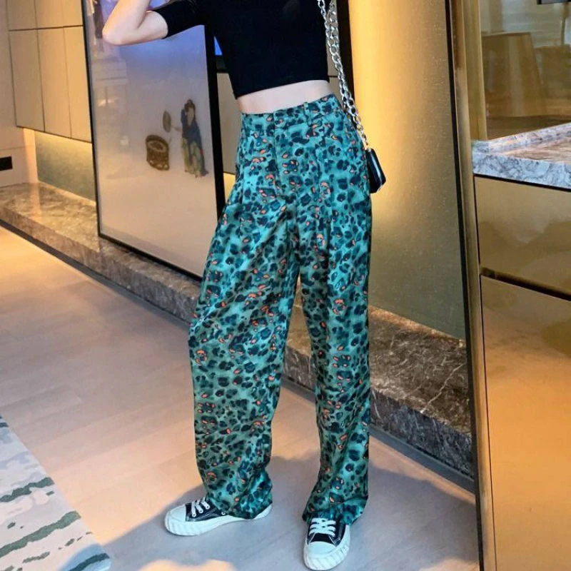 

2021 New leopard High Waist wide leg pants loose streetwear spring fall Women Clothing Loose Casual Straight Trousers