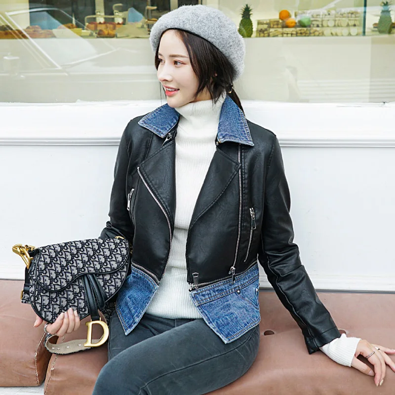 

Ly Varey Lin Autumn Women Faux Soft Leather Collar Hem Detachable Denim Patchwork Faux Pu Leather Motorcycle Zipper Outerwear