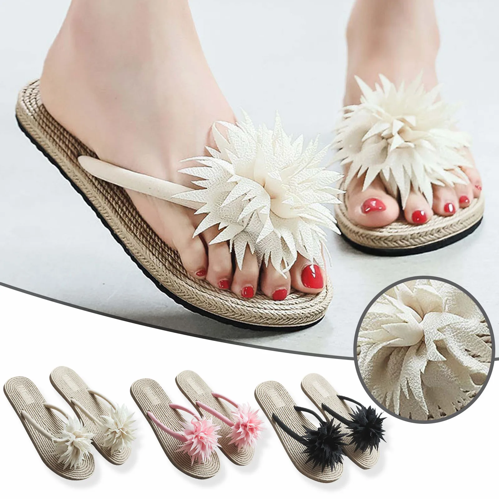 

Summer Ins Flip Flops Fairy Fashion Women's Sandals Flowers Flat Girls Beach Shoes Lazy Open-toe Imitation Straw Flip-flop