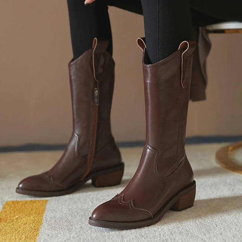 

Women Shoes Cow Leather Pointed Toe Mid-calf Western Plus Size 42 Ladies Boots Black Brown Sewing Block Heel 6cm Retro Footwear