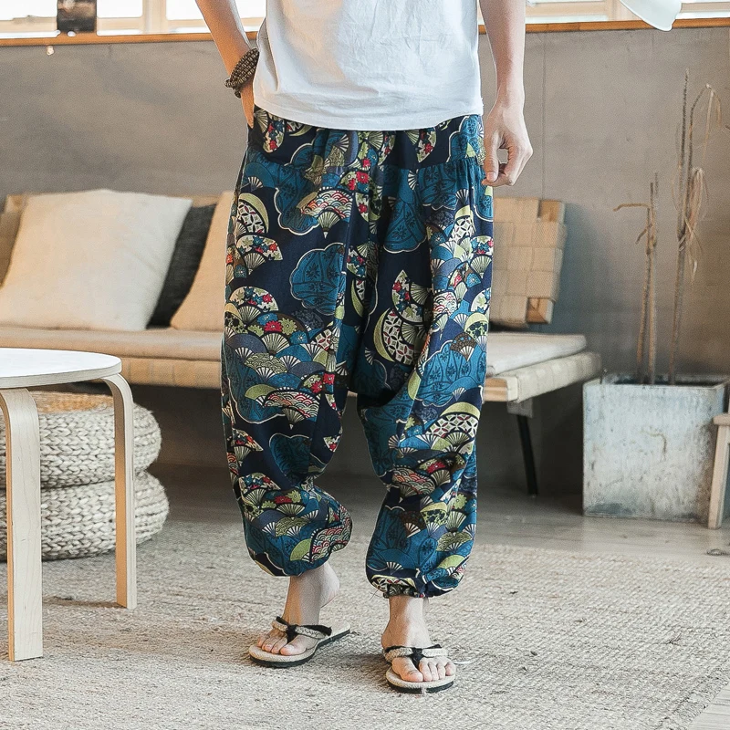 

2021 Harajuku Cotton Linen Harem Cross Pants Men Jogger Pants Male Summer Floral Print Hawaii Beach Pants Trousers