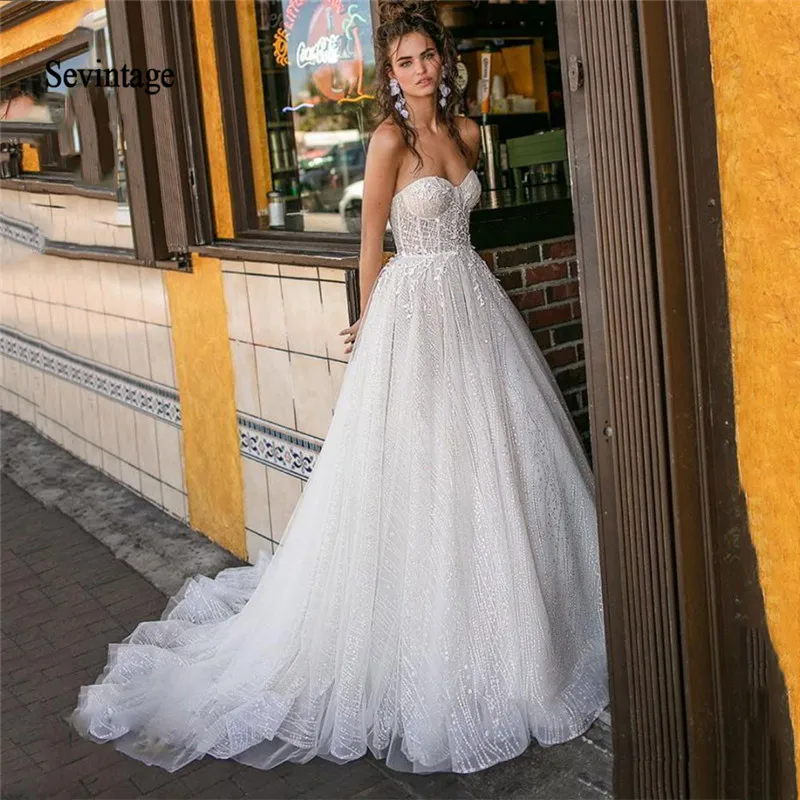 

Sevintage A Line Bohemian Wedding Dresses Lace Appliqued Sweetheart Country Garden Beach Bridal Gowns vestidos de novia 2020