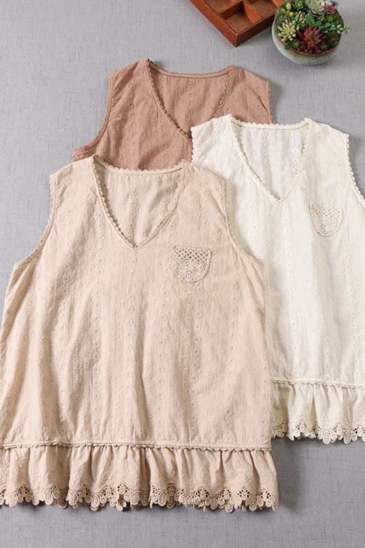 

New Spring Mori embroidered V-neck pullover vest solid embroidery flower casual loose vest