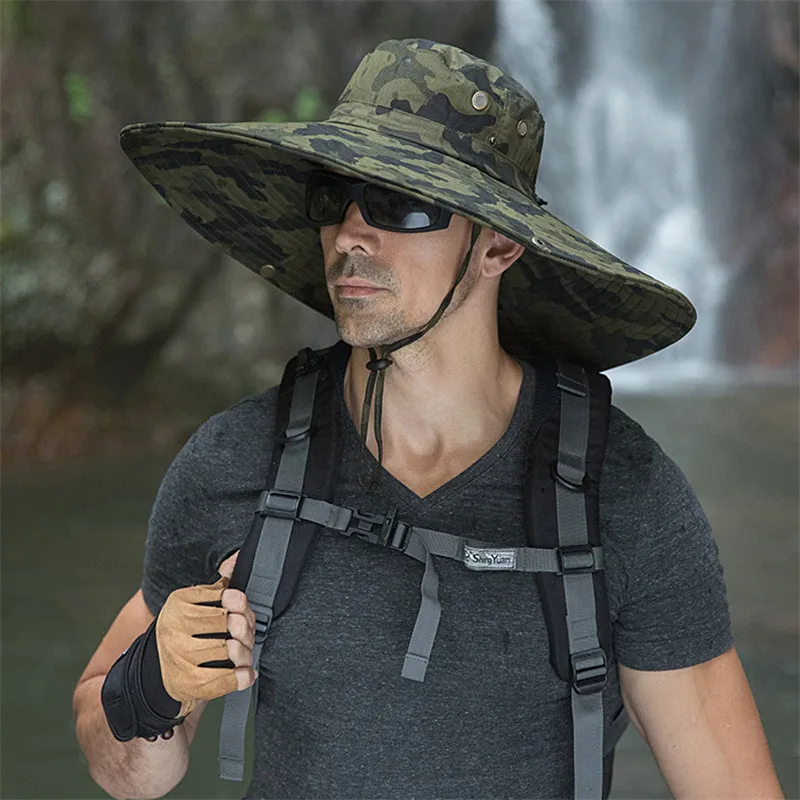 Green CAMO 16 см с длинными широкими полями дышащая шляпа от солнца шляпа для сафари для мужчин и женщин Boonie шляпа летняя УФ-защита Кепка для пеших прогулок Рыбалка Панама шляпа пляж - Цвет: Green CAMO