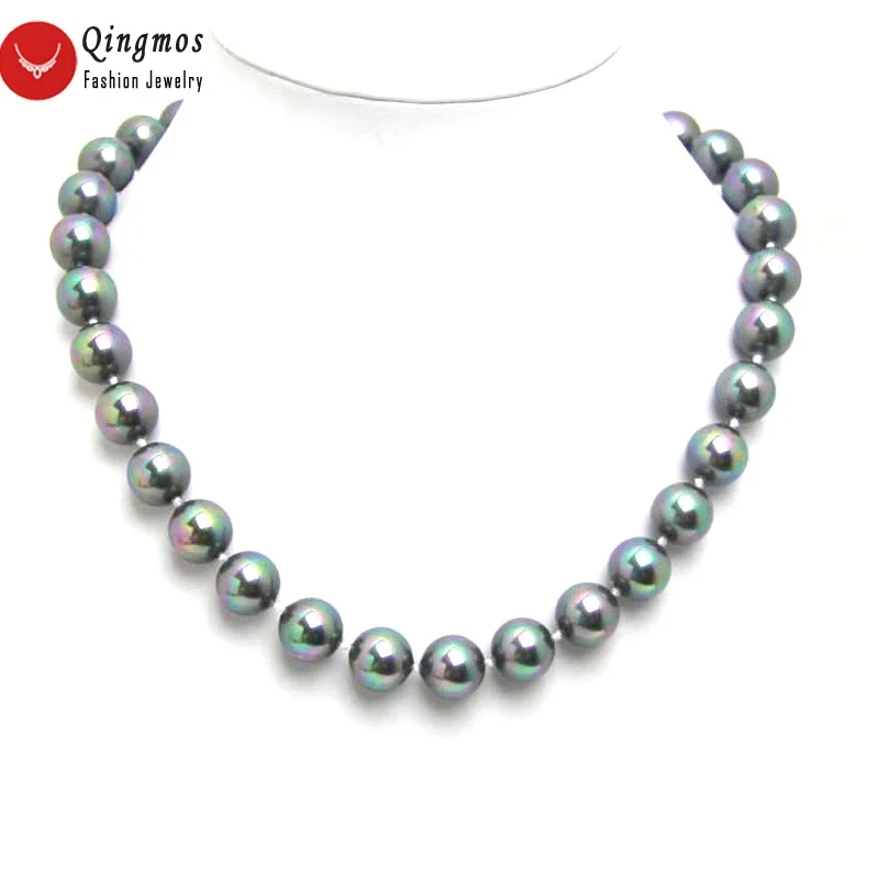 

Qingmos Fashion 12mm Round Black Sea Shell Pearl Necklace for Women Jewelry 18" Choker Necklace Collier Custom Necklace Nec5043