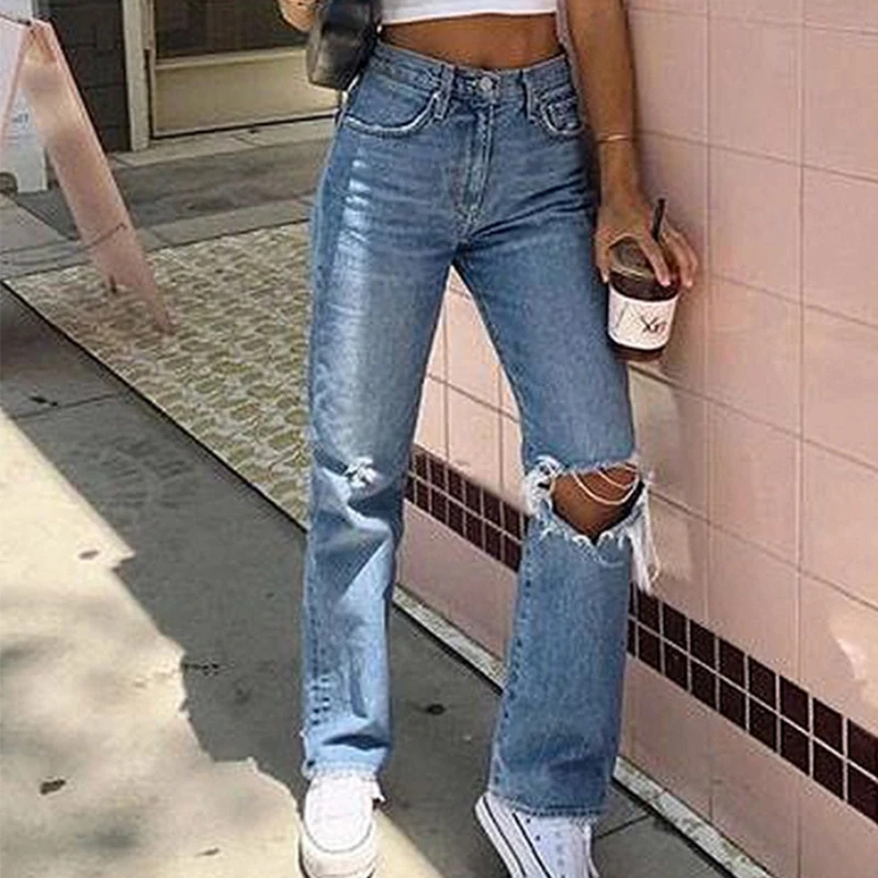 

2020 New High Waist Ripped Jeans Women's hip hop Loose Jeans 2XL Women Pants Vintage Female Torn Trousers Streetwear KZ69