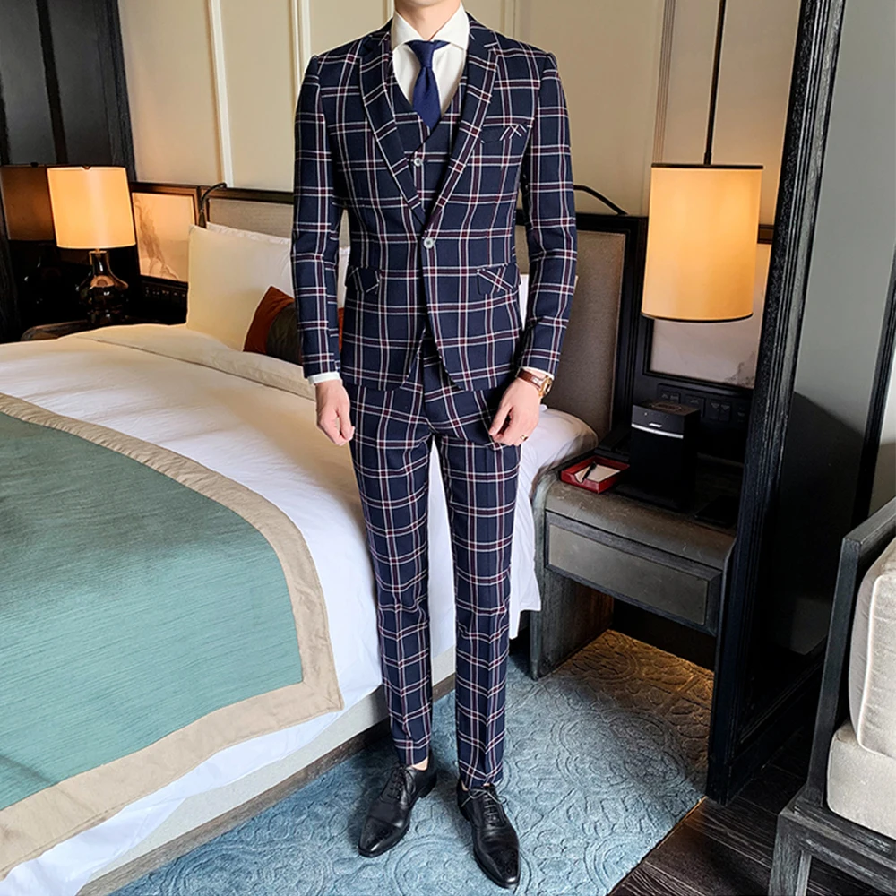 Мужские костюмы в клетку темно-синие повседневные деловые для профессиональных