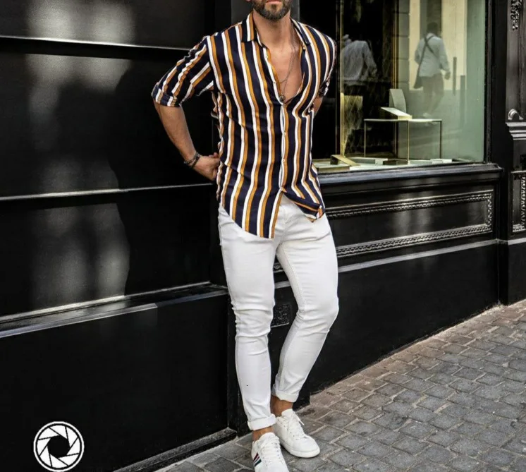 Мужская хлопковая рубашка в полоску с длинными рукавами и отворотом для отдыха